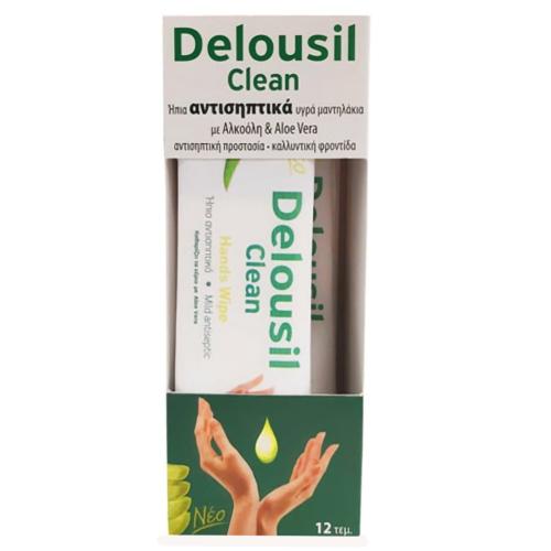 Delousil Clean Hand Wipes 12 Τεμάχια,Ήπια Αντισηπτικά Υγρά Μαντηλάκια Χεριών με Αλόη & Αλκοόλη